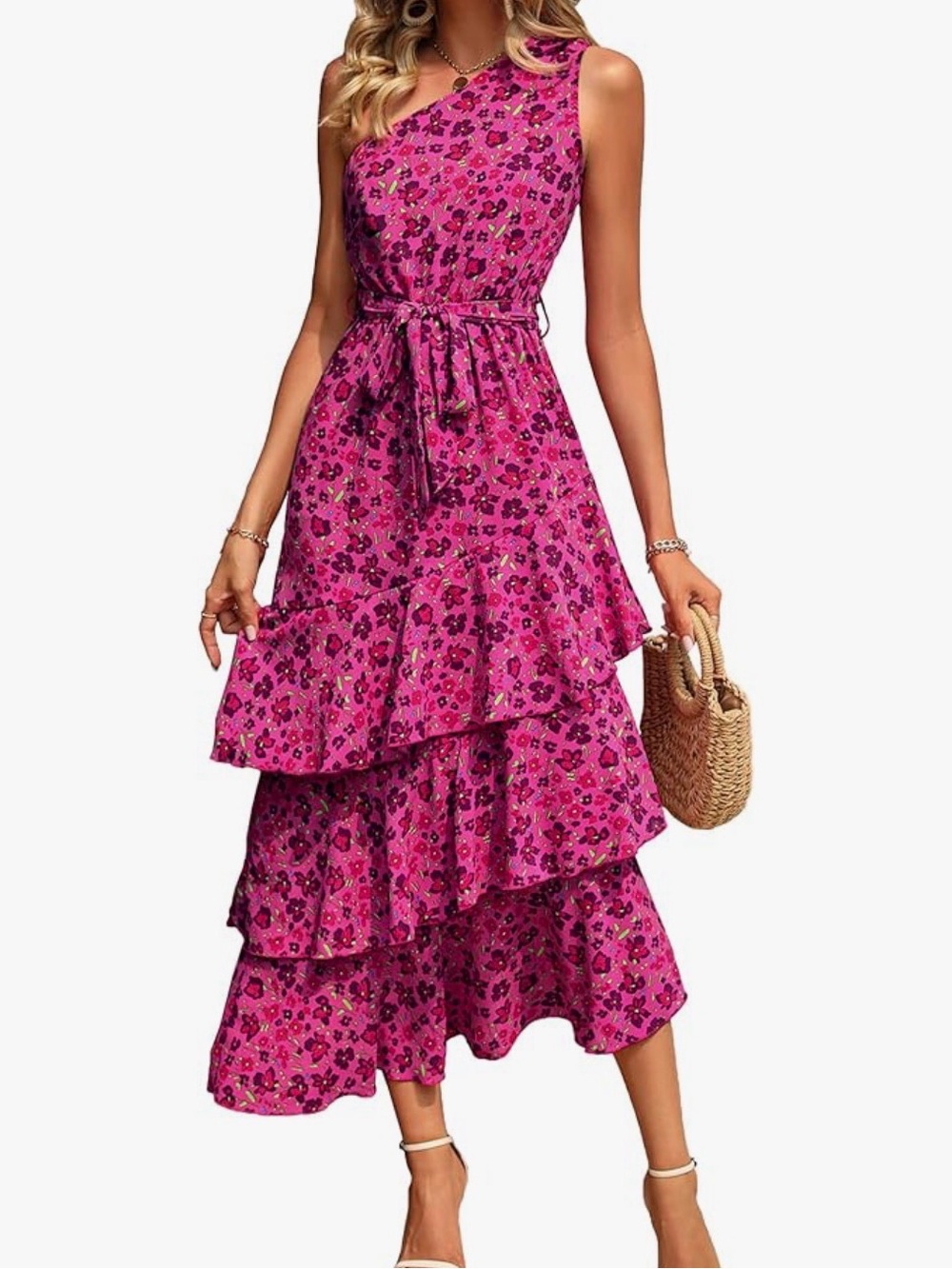 PrettyGarden One-Shoulder Pink Floral Dress tie waist tiered lightweight summer